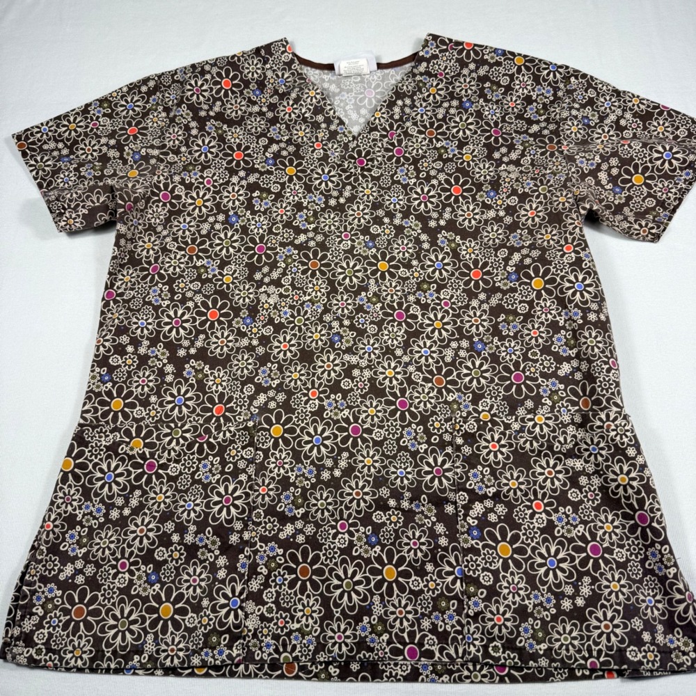 Sierra Scrubs V-Neck Top Small Brown Daisy Floral Short Sleeve Pockets RN16742